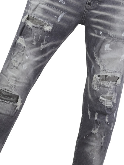 6058 Four Seasons New Men's Wash Grinding Hole Patch Paint Splash Ink Micro-bullet Leg Grey Jeans for Men