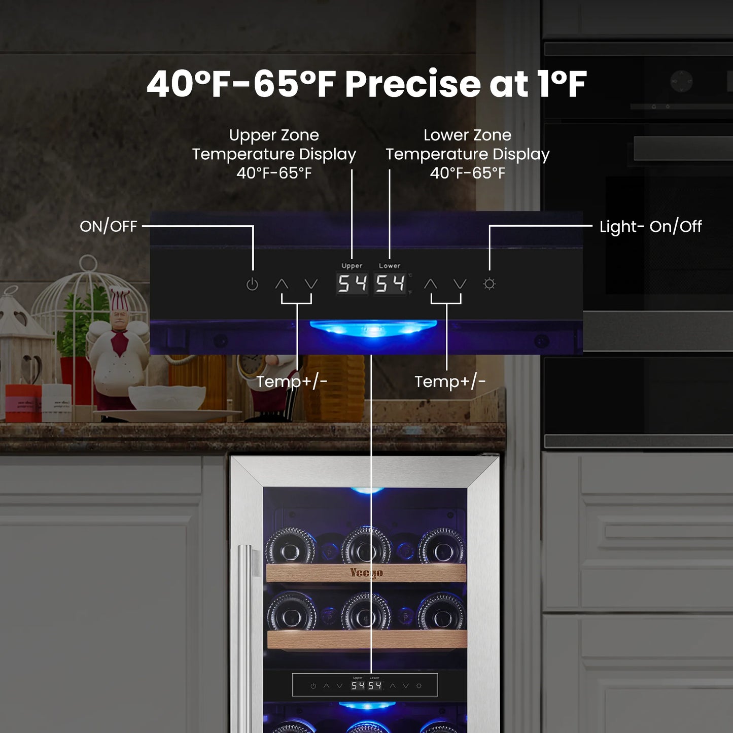 28 Bottles Under Counter Wine Cooler Built In Wine Fridge Single Zone 40-68°F Electronic Temperature Control Built Under Wine Refrigerator with Touch LED Light For Kitchen