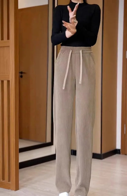 Thickened Fleece Wide Leg Pants Women's Casual Straight Cut Trousers Autumn Winter New Style High Waist Cotton Elastic Waist