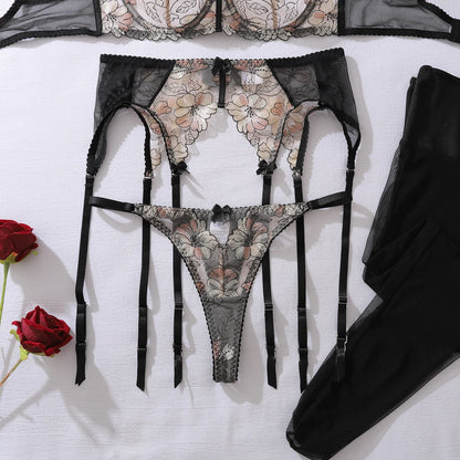 2026 European and American Bow Accessories Perspective Embroidery Splicing Mesh Sexy Body Shaping Underwear Four Piece Set