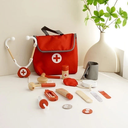Wooden Pretend Play Red doctor's kit Educational Toys for Children Medical Simulation Medicine Chest Set for Kids Role Playing