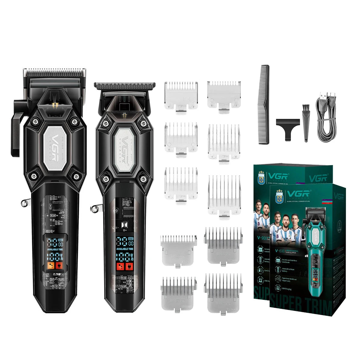 VGR V-600/V-900 Electric Hair Clipper Transparent Body Hair Trimmer LED Intelligent Digital Carving Electric Thruster Care Set