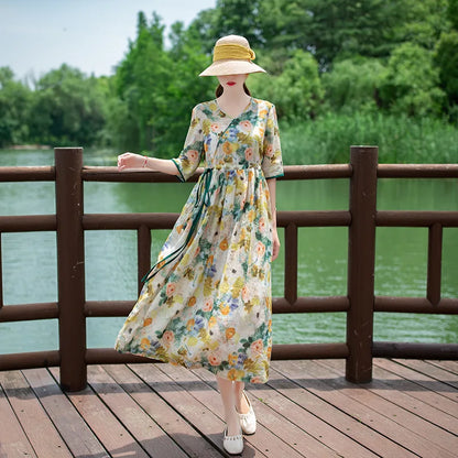 Women's Long Skirt Drawstring Waist Hemp Print A-Line Dress Korean Style Commute Flower Pattern V-Neck Summer Dress