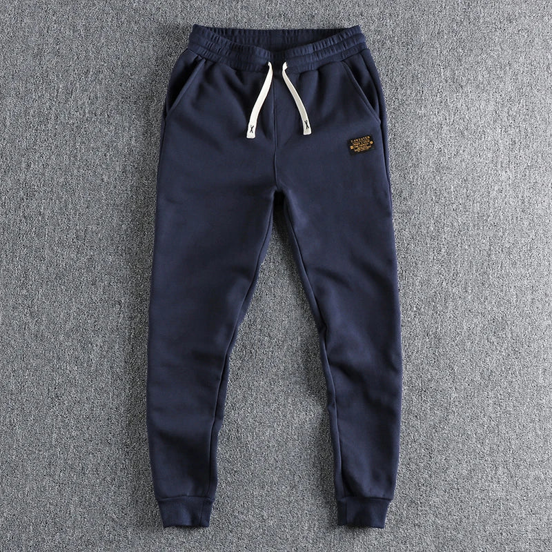Autumn Winter American Retro Heavyweight Velvet Sweatpants Men's Fashion Pure Cotton Drawstring Sport Casual Ankle-tied Pants