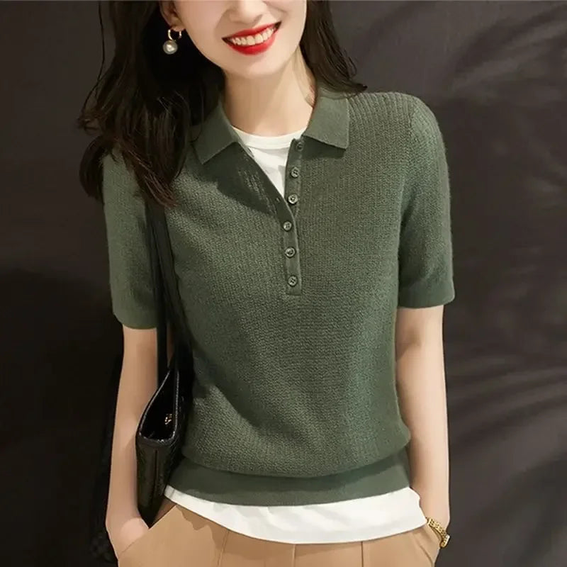 Yellow Polo Neck Shirt Button Knit Pink Women's T Shirts Plain Top Clothes Short Sleeve Tee New Synthetic Aesthetic Summer 2025