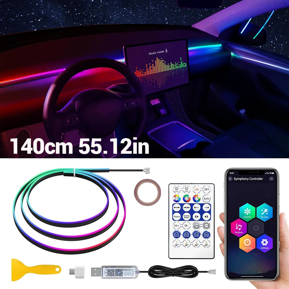 Acrylic RGB Car Led Interior Light Strip with USB Ambient Light Flexible Atmosphere Lighting Sound APP Control Car Decoration