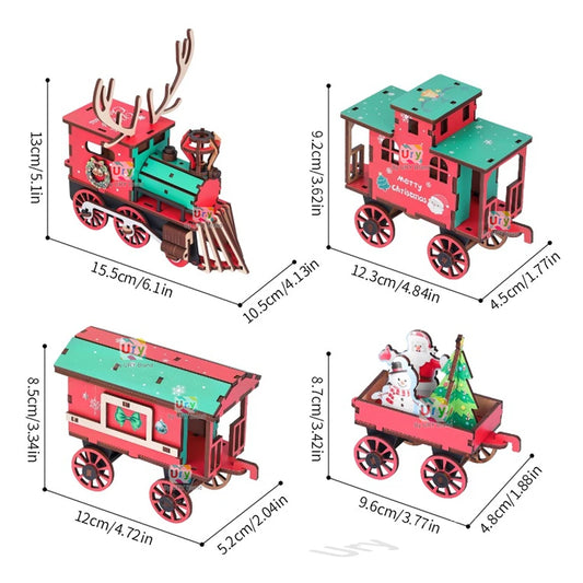 Ury 3D Wooden Puzzle Colorful Christmas Elk Steam Train Assembly Toy Gift for Adult Model Decoration Building Block Kit
