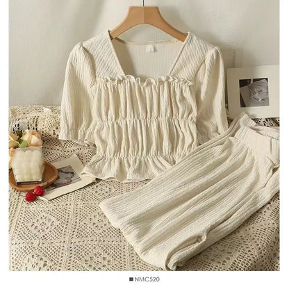 Summer 2025 New Folded Square Collar Bubble Sleeve Shirt High Waist Loose Casual Wide Leg Pants Two Piece Set Women's Fashion