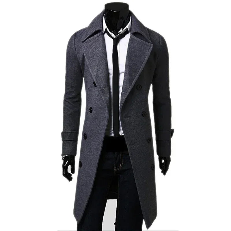 Mens Double Breasted Trench Coat Wool Blend 2025 Autumn Winter Solid Casual Slim Fit Long Jacket Wool Coat Fashion Mens Clothing