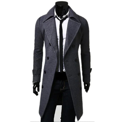 Mens Double Breasted Trench Coat Wool Blend 2025 Autumn Winter Solid Casual Slim Fit Long Jacket Wool Coat Fashion Mens Clothing