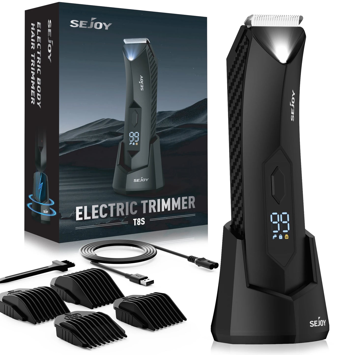 Sejoy T8S Body Hair Trimmer for Men Ball Trimmer for Groin Pubic Replaceable Ceramic Blade Electric Shaver IPX7 Waterproof