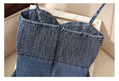 Irregular Halter Neck Denim Crop Top Women Summer Outdoor Wear with Chest Pad Slimming Sexy Girl Shirt Short Length Zipper