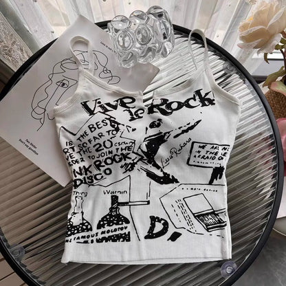 Sexy Y2K Spicy Girl  Strap Vest Women Summer American Short Print Sleeveless Top Inner Wear Commute Style Slim Fit