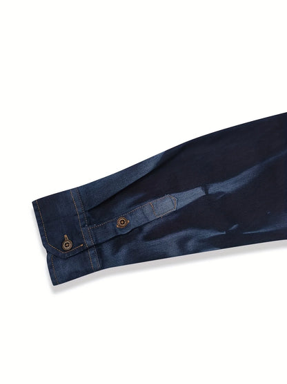 Men's Autumn Denim Shirt - Vintage Washed Tie-Dyed Cowboy Workwear Style with Double Chest Pockets, Topstitch Trim, Notched Coll