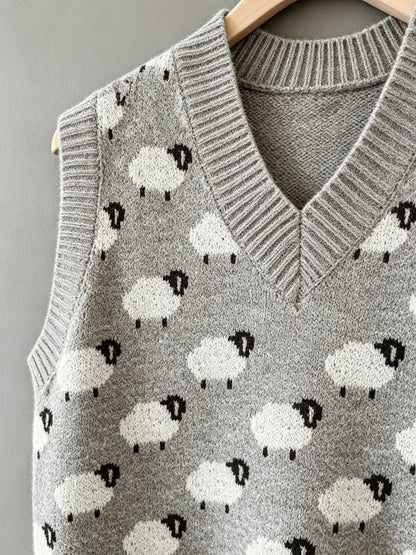 Women's plus size sheep pattern knitted vest, casual and elegant spring/summer style