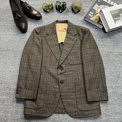 Vintage Unisex Woolen Suit Jacket Simple Casual Plaid Retro Style Warm Windproof Interview Commuting Business Casual Wear