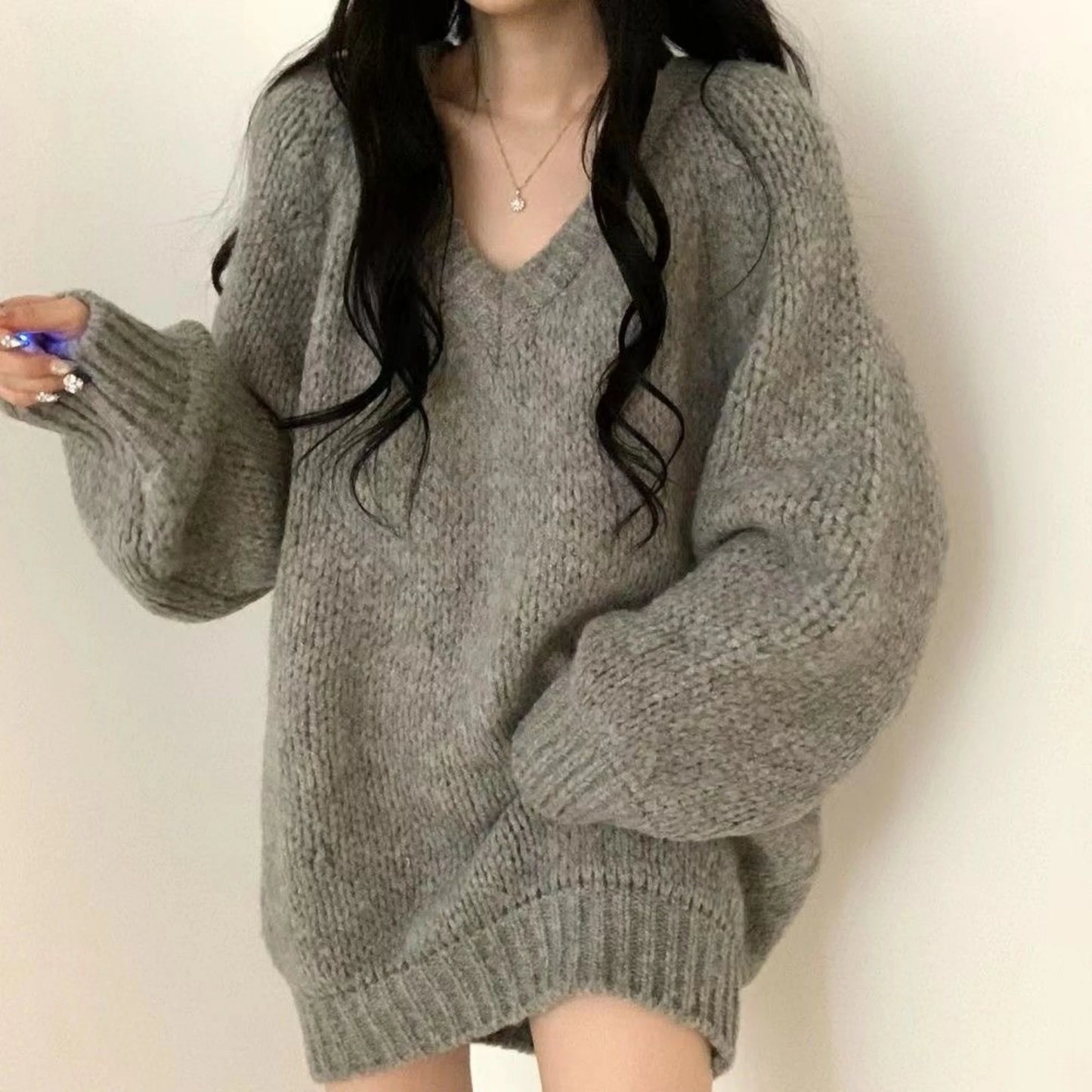 plus Size Lazy Style V-Neck Soft Cozy Knitted Sweater Women's Autumn Winter Loose Small Figure Top Retro Style Loose Fit Knit...