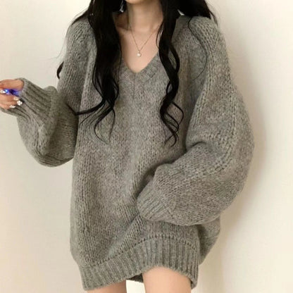 plus Size Lazy Style V-Neck Soft Cozy Knitted Sweater Women's Autumn Winter Loose Small Figure Top Retro Style Loose Fit Knit...