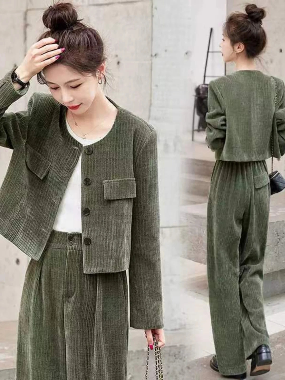 Fashionable Corduroy Set Women's Autumn Winter New Style Elegant Lady Fragrance Wind Coat Wide Leg Pants Two Piece Suit
