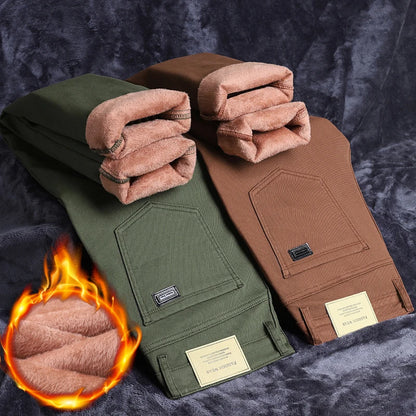 Winter New Cotton Fleece Jeans Men's Fit Straight Warm Plus Velvet Denim Pants Fashion Warm Soft Elasticity Casual Trousers