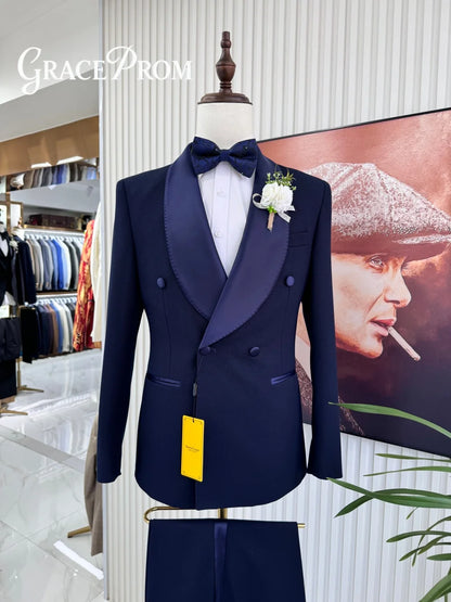 Formal Shawl Collar Men 2 Piece Set Classic Double Breasted Tuxedo Suit Fit Groom Groomsmen Classic Mens Office Suit Set
