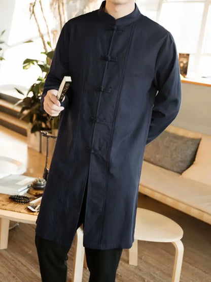 Autumn Cotton Linen Stand Collar Traditional Chinese Men's irt Middle Length Button Decorated Casual Wear Youth Tang Suit