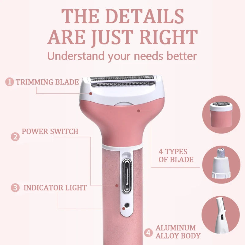 Kemei Multi-function 4in1 BeautyTrimmer Set Lady Shave Epilator Rechargeable for Legs Arms Armpit Bikini Backs Face Hair KM-6637