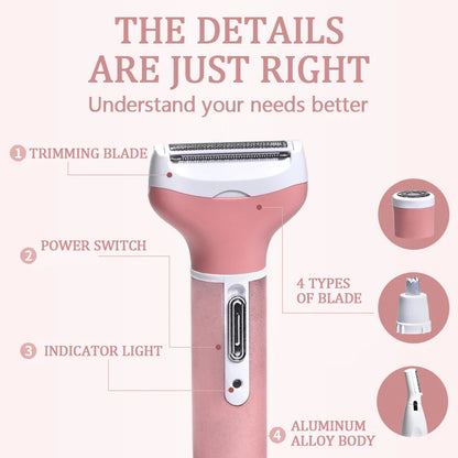Kemei Multi-function 4in1 BeautyTrimmer Set Lady Shave Epilator Rechargeable for Legs Arms Armpit Bikini Backs Face Hair KM-6637