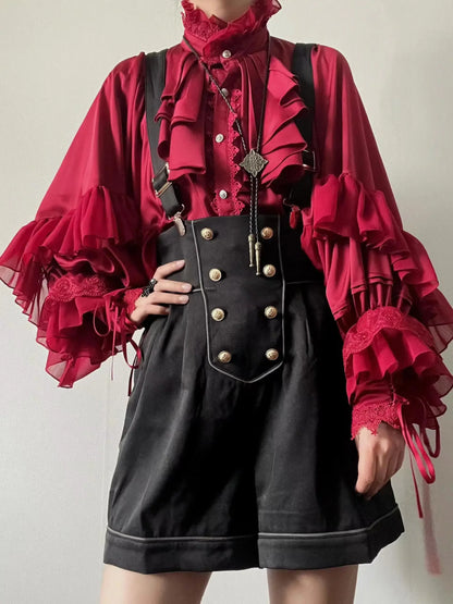 Gothic Style Batwing Sleeve Shirt Women Lolita Loose Spring Autumn Ladies Elegant Red and Black Top Blouse Solid Color Blouse