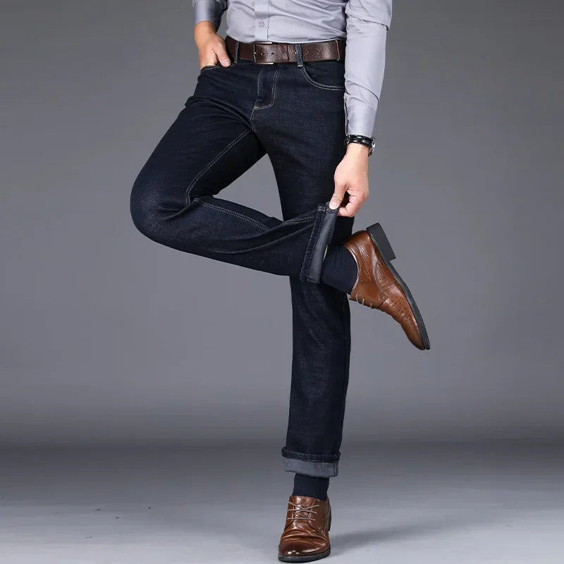 2024 Winter New Men's Fleece Warm Jeans Classic Style Business Casual Thicken Regular Fit Denim Pants Black Blue Brand Trousers