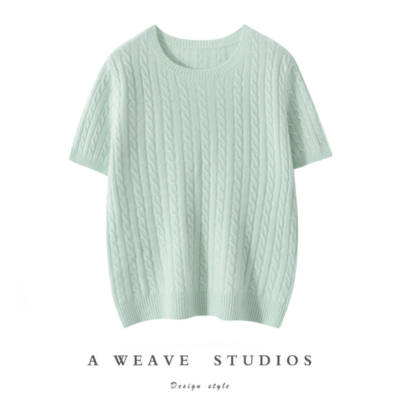 100% Pure Cashmere Fried Dough Twists Round Neck Solid Short Sleeve Women's High Quality Luxury Pullover Sweater Spring Autumn