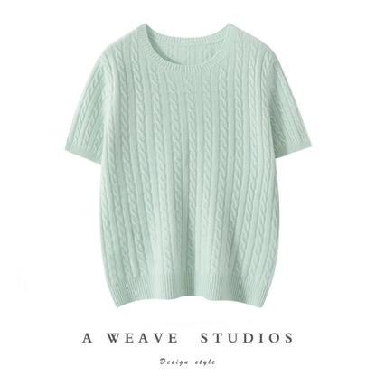 100% Pure Cashmere Fried Dough Twists Round Neck Solid Short Sleeve Women's High Quality Luxury Pullover Sweater Spring Autumn