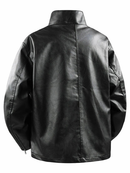 Men's Small Stand-Up Collar Leather Jacket, Windproof and Warm, Stylish and Form-Fitting, Suitable for Daily Commuting, Street Wear, Autumn and Winter Outings, Casual Gatherings with Friends, Casual Entertaining, and Short Tr