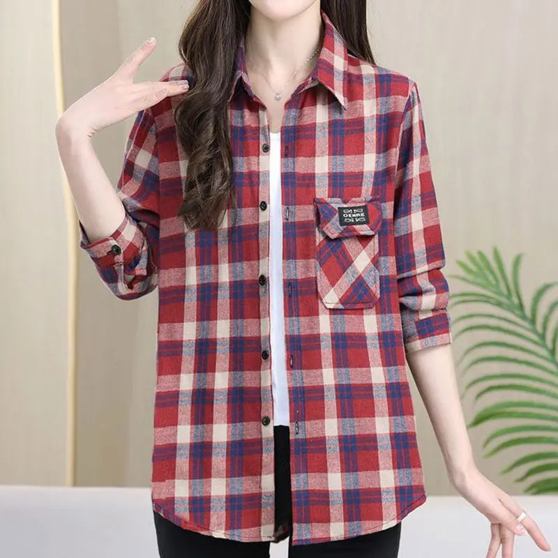 Loose Long Sleeve Mom Shirt Women's New Style Slimming Age-Defying Outerwear Versatile Early Autumn Plaid Outfit  Collar