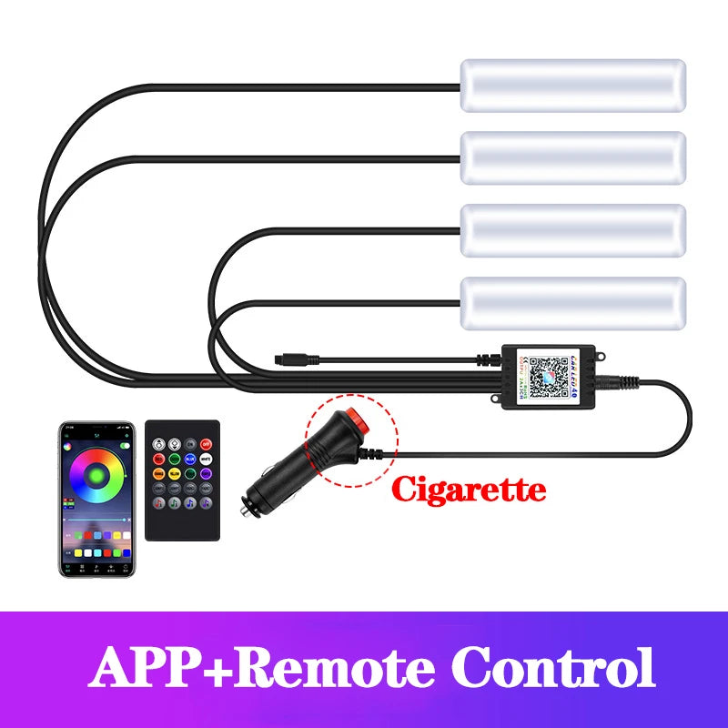 LED Car Interior Ambient Foot Light Kit With USB Cigarette Lighter Backlight Remote App Music Control Auto RGB Decorative Lamp