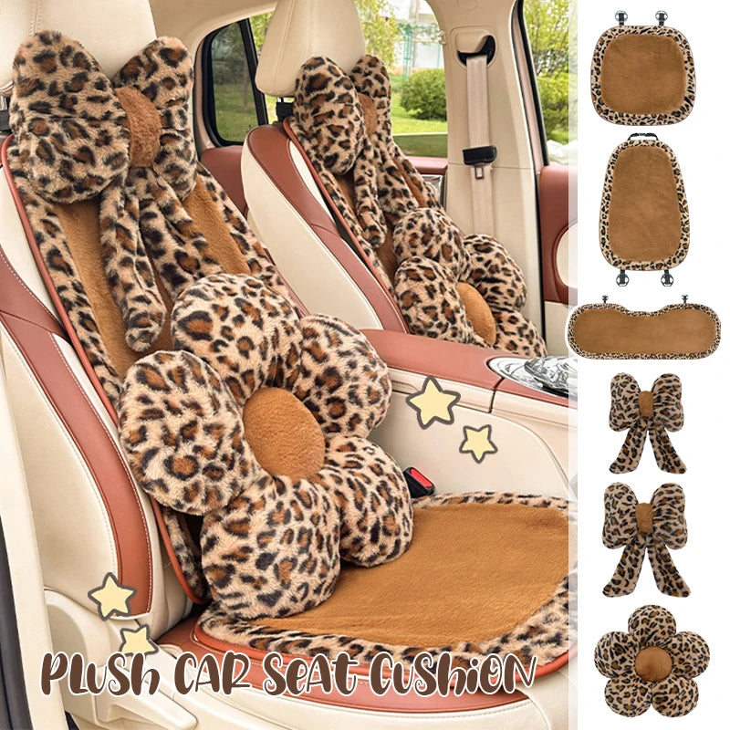 Fashion Leopard Print Car Seat Cover Soft Plush Leopard Steering Wheel Cover Winter Women Auto Interior Accessories Seat Pad