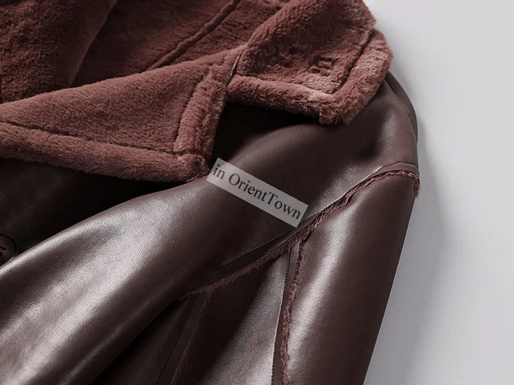 Large Loose Fur 1 Piece Leather Long Jacket For Men Over The Knee Warm Windbreaker For Man Winter Trench Coat  in OrientTown 027