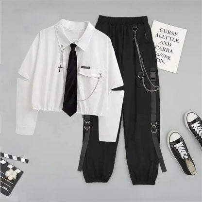 2 Two Piece Sets Outifits For Women New Suit Female Student Korean Loose Long Sleeve Shirt + High Waist Cargo Pants Joggers