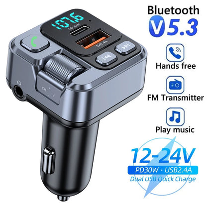 All-in-One Car Bluetooth Adapter - PD20W Fast Charger, USB U Disk Reader, Digital Display & FM Transmitter for Phones