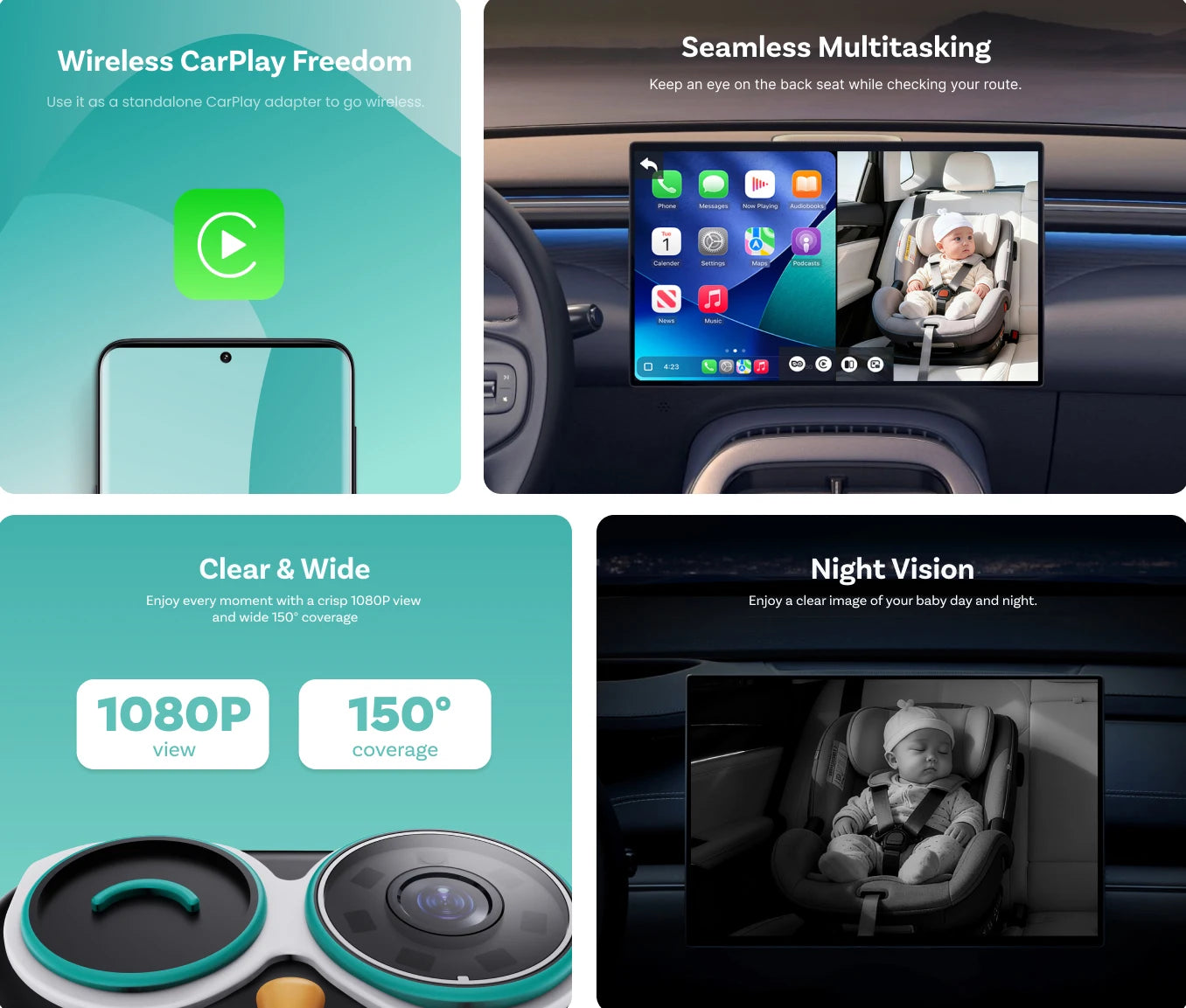 Ottocast Cabin Care Wireless CarPlay Adapter Baby Car Camera 1080P HD 150° Wide-angle Night Vision Backseat Monitor for 98% Car