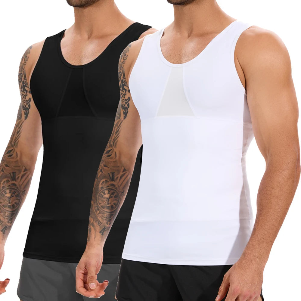 Sleeveless Compression Tops Men's Abdominal Control Shaping Vest High Elastic Cool Fabric Fitness Breathable Clothes Round Neck
