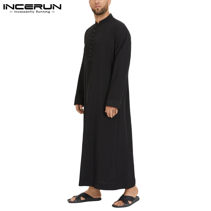 INCERUN Muslim Men Jubba Thobe Solid 2024 Long Sleeve Thin Robes Kaftan Stand Collar Islamic Arabic Fashion Men Caftan S-5XL
