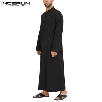 INCERUN Muslim Men Jubba Thobe Solid 2024 Long Sleeve Thin Robes Kaftan Stand Collar Islamic Arabic Fashion Men Caftan S-5XL
