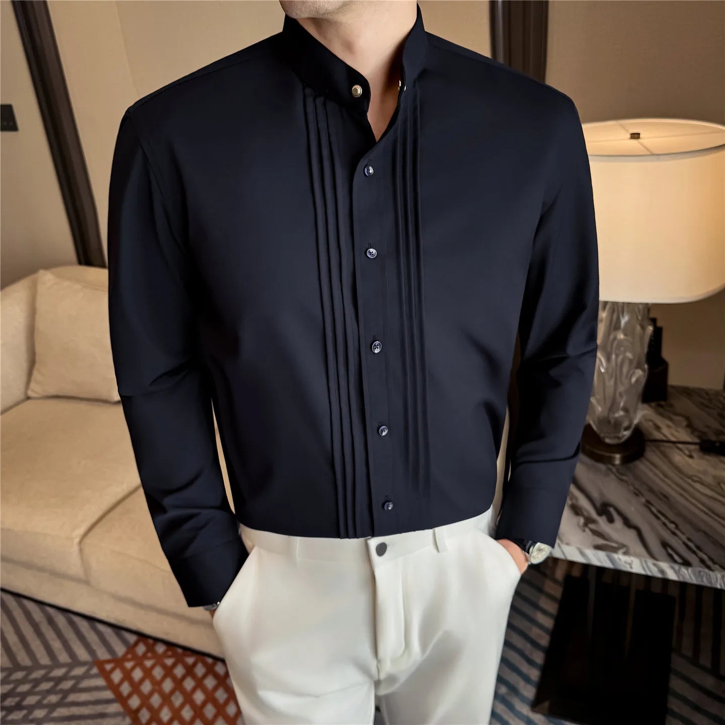 Men Shirt Stand Collar Business Solid Color Casual Slim Fit Long Sleeved Formal Dress Shirt Groom Wedding Party Men Clothing