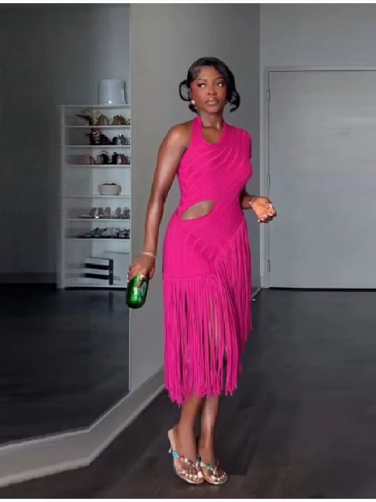 Women New Trend Sexy Fringe Pure Color Skirt  Irregular Cut Backless Sleeveless Party Dresses Stylish Date club Evening Gown