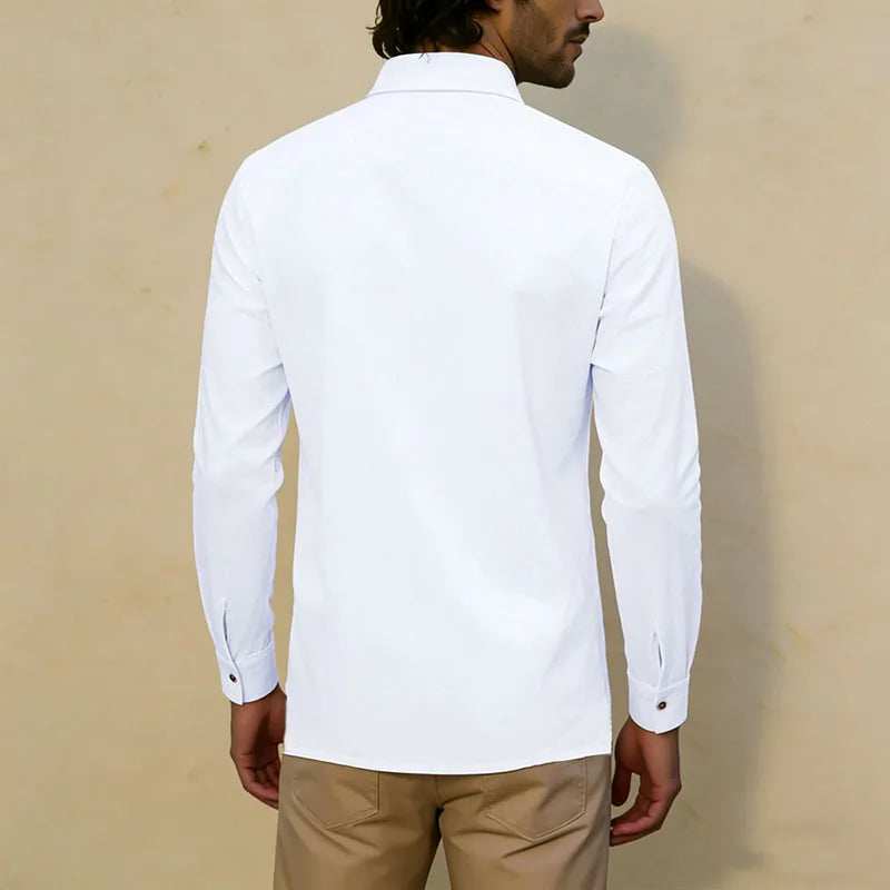 2026 New Men's Long Sleeve Casual Shirt Double Chest Pocket Button Up Soft Loose Linen Comfy Daily Work Street Outdoor Wear Tops