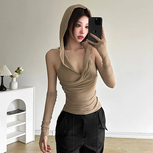 SylCue Casual With A Hat Solid Frenulum Backless Ruched Versatile Atmosphere Style Fashion Skinny Advanced Sense 2024 Hot Vest