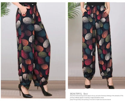 High Waist Lantern Pants Casual Cotton Silk Large Size Printed Long Trousers for Middle-Aged And Elderly Women
