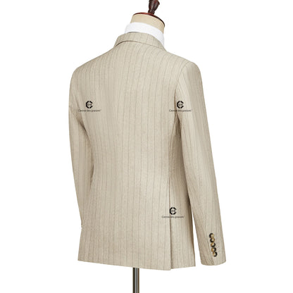 Cenne Des Graoom 2024 Double-Breasted Khaki Stripe Suits for Men Tailor-Made 2 Piece Set Jacket Pants Business Meeting Wedding