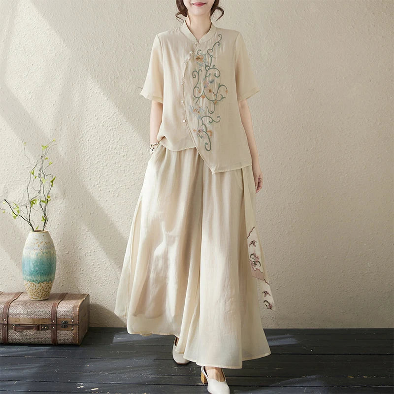 New National Style Heavy Embroidery  Set Women Summer Loose plus Size Fringed Wide Leg Pants Skirt Slimming Two Piece Set